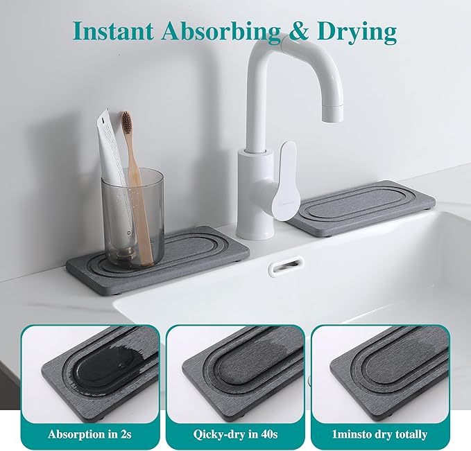 2PCS Water Absorbing Stone Tray for Sink, Quick Drying Diatomite Bathroom Tray Countertop, Stone Drying Mat for Kitchen Counter Faucet, Soap Dish Dispenser Vanity Organizer, Dark Gray-B-7.9" x 4"