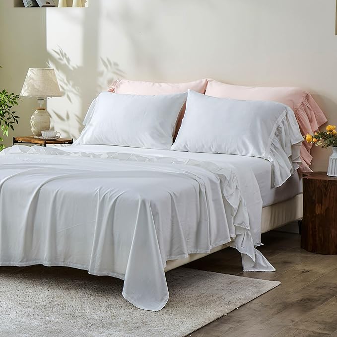 Simple&Opulence 100% Organic Cotton Sheet Set, Long Ruffle Bed Sheets (1 Flat Sheet, 1 Fitted Sheet and 2 Pillowcases) Elegant Shabby Chic Bedding Farmhouse Charming Vintage - White, Queen