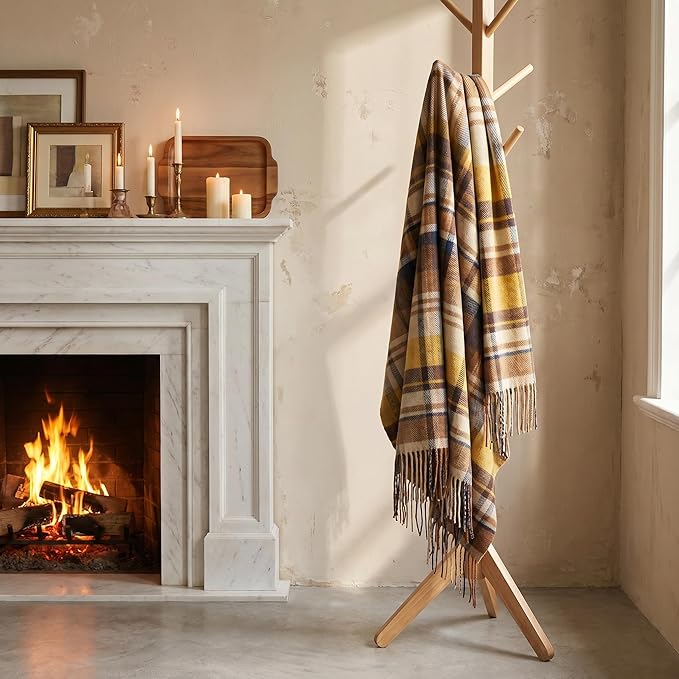 100% Wool Blanket Throw,Brown Plaid Wool Blanket with Compact Bag,Rustic Soft Lightweight Blanket for Couch,Sofa,Bed & Lounging Decoration, Warm Travel Blanket for Home, Airplane,Ideal Gifts 55"x83"