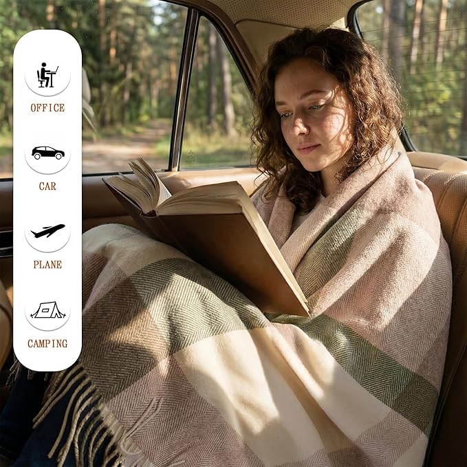 Soft Pure Wool Throw Blanket, Lightweight Warmth, 55"x83" with Fringe, Compact with Bag, Useful Gift for Women Men, All Season Decorative Cozy Travel Blanket for Couch Bed, Outdoors