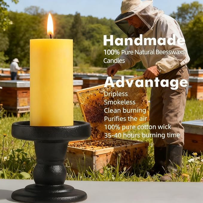 6 Pack Beeswax Pillar Candles, 360 Hours 3x4in Beeswax Pillar Candle Pure Natural Bee Wax Candle for Home, Emergency, Relax, Dripless & Smokeless