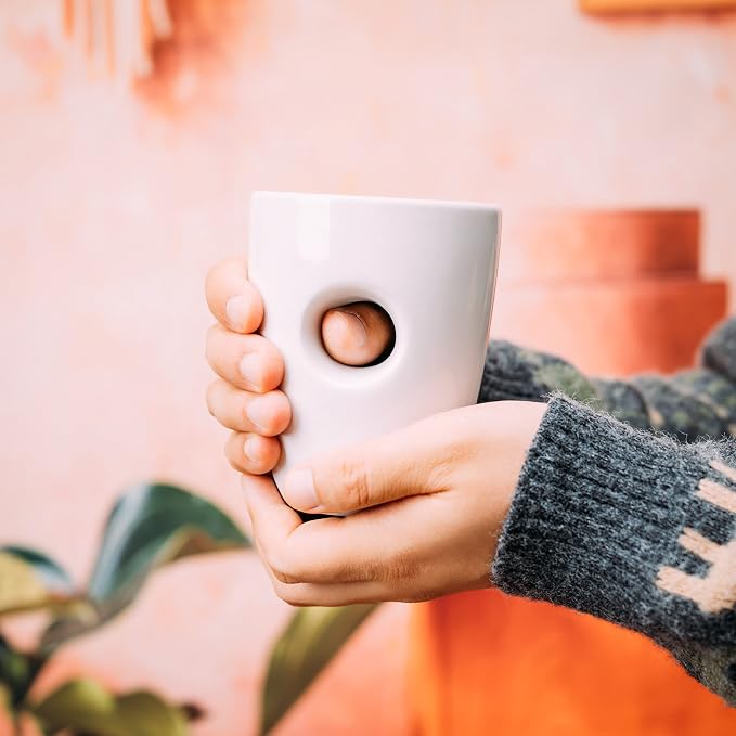 Full Handwarmer Mug 12oz, Central Grip To Comfy Warm Your Hands & Fingers While Drinking Your Favorite Hot Drink, Hand Warmer Cup, Ceramic and Hand Painted - Finger Insert Holds Warmth Gift (White)