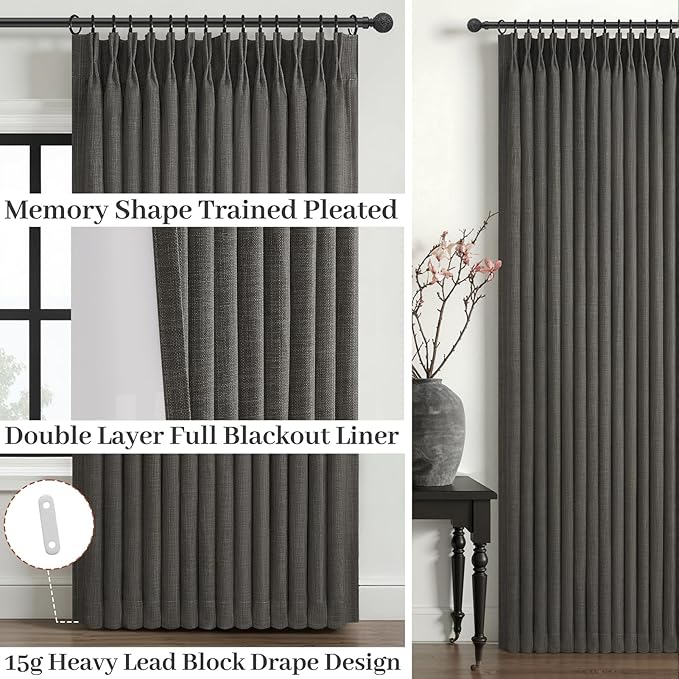 Pinch Pleated Blackout Curtains 90 Inches Long for Bedroom 2 Panel Set, Memory Trained Dark Grey Two Layer Thick Linen Sound Dampening Thermal Rustic Windows Curtain for Living Room Darkening Drapes