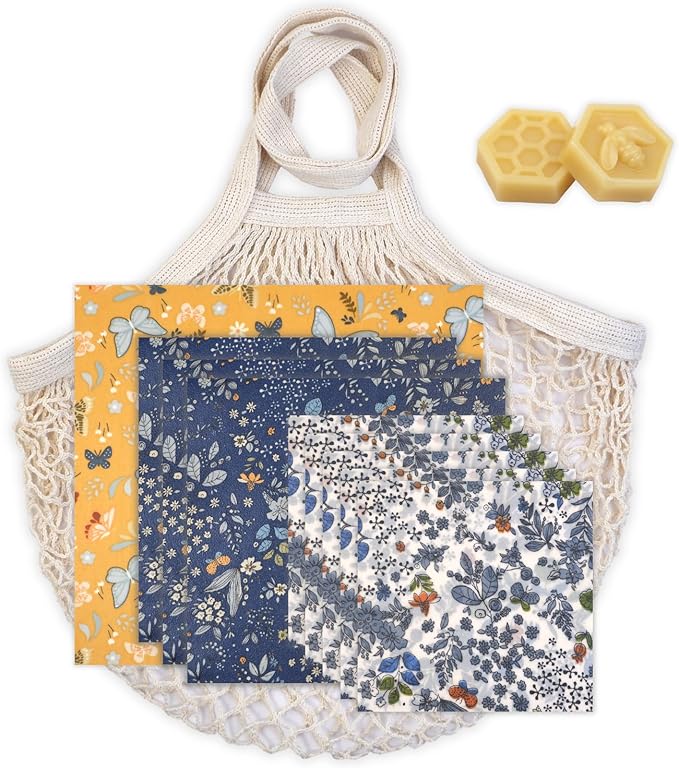BYTTME Reusable Beeswax Wrap - 9 Pack Beeswax Wraps for Food, Eco-Friendly Beeswax Food Wraps, Bread Sandwich Wrapper - Reusable Food Storage Wrap Set with Flower Butterfly+Mesh Bag