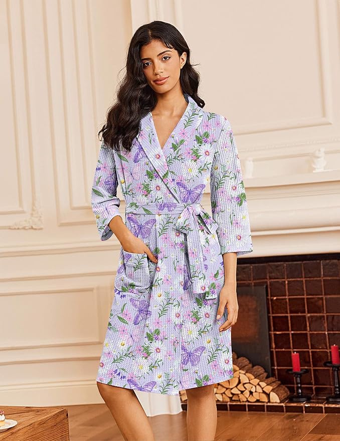 Ekouaer Robes for Women Waffle Knit Bathrobe Lightweight Kimono Robe Knee Length Loungewear with Pockets