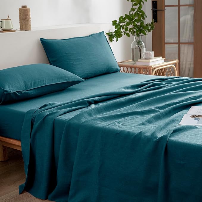 EVERLY Linen Sheets Set Full Size,100% French Stonewash Pure Linen Sheets Set,4Pieces (1Flat Sheet,1Fitted Sheet,2Pillowcase) Suitable for Hot Sleepers,Deep Pocket Natural Bedding Set-Graphite Blue