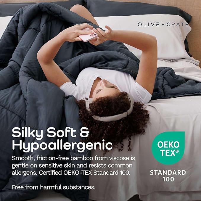 Olive + Crate Cooling Down Alternative Comforter - Hypoallergenic Queen Size Duvet Insert Lightweight - All Seasons Plush Design Bamboo Comforter - 100% Bamboo Viscose Outer Cover - Charcoal 88"x90"