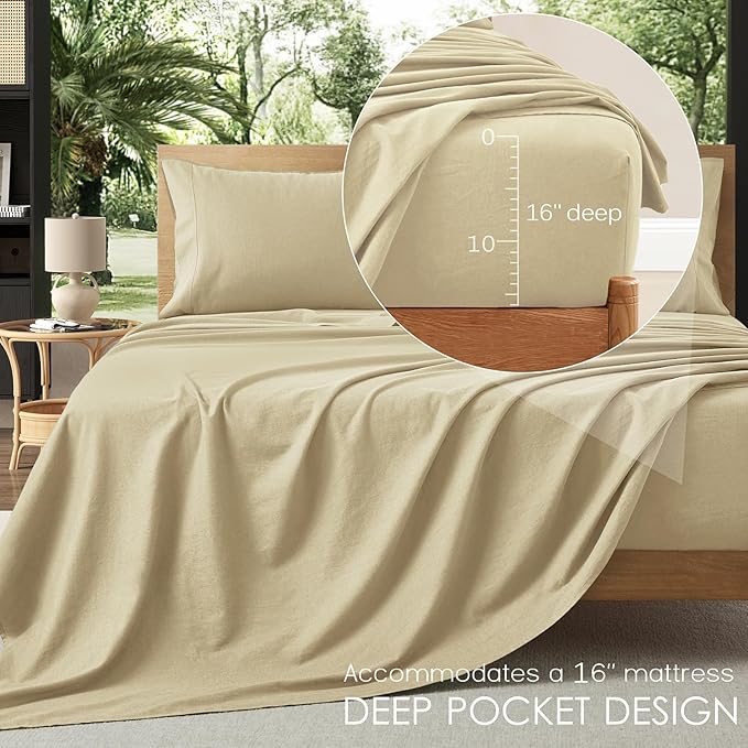 4Pcs Organic Linen Sheets Queen Size, 100% French Linen from Normandy, Breathable Linen Yellow Queen Sheet Set with 16 Inch Deep Pocket, 1 Flat Sheet, 1 Fitted Sheet, 2 Pillowcases