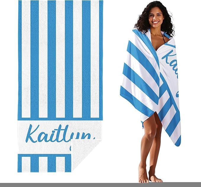 JML Personalized Beach Towel with Name, Custom Cabana Stripe Beach Towel, Customized Microfiber Pool Towel, Quick Dry & Absorbent Swim Towel for Adult,Mother's Day, Birthday, Summer Holiday,Vacation