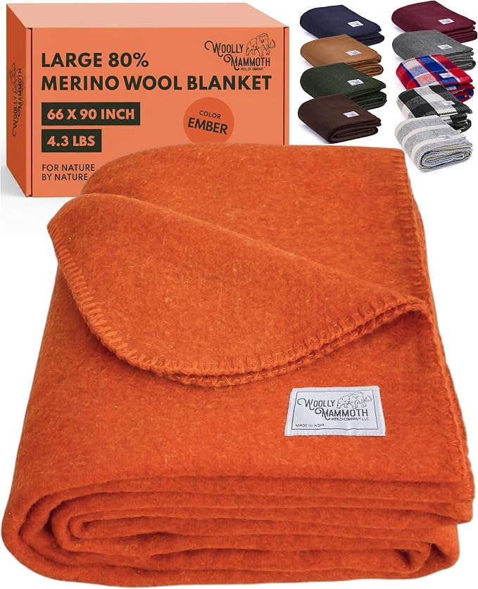 Woolly Mammoth Woolen Company Merino Wool Blanket, 66" x 90" Ember | Temperature Regulating - Fire-Resistant - Warm Camping Blanket for Car Emergency Kits, Picnics, Summer Festivals and Stadiums