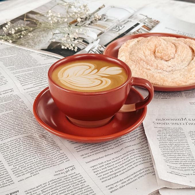 MORA Ceramic Latte Art Mug With Saucer - 10.5 oz, Round Bottom For Perfect Pours - Cafe Cups for Cappuccino, Espresso, Coffee, Tea etc - Porcelain Set for Baristas, Great Gift - Crimson Red
