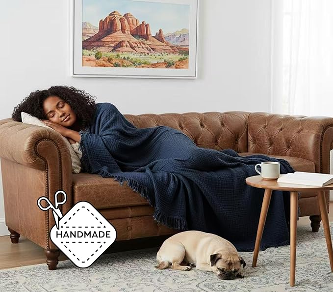 KyraHome Muslin Blankets for Adults, 60"x80", 100% Organic Cotton Throw Blankets for Couch, Plant Dyed Breathable Lightweight Gauze Summer Blankets, All Season (Navy Blue)