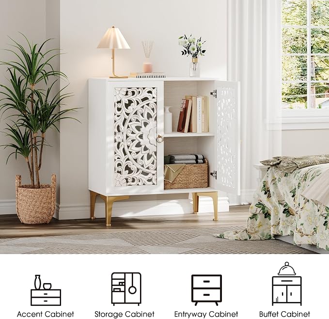 JOINICE 31.5" White Accent Cabinet with Carved Doors & Storage, Set of 2 | Carved Floral Design, Boho, Versatile Storage for Living Room & Bedroom & Hallway & TV Stand, Adjustable Shelf, Easy Assembly