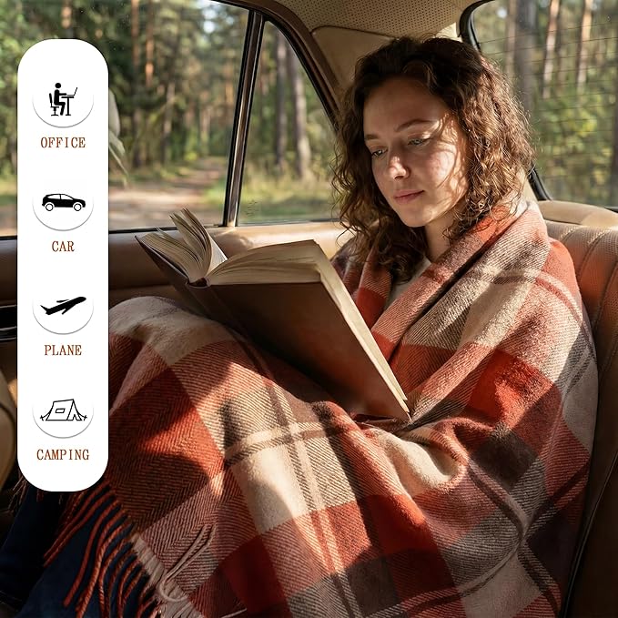 Soft Pure Wool Throw Blanket, Lightweight Warmth, 55"x83", Plaid, Fringe, Compact with Bag, Useful Gift for Women Men, All Season Decorative Cozy Travel Blanket for Couch Bed, Outdoors