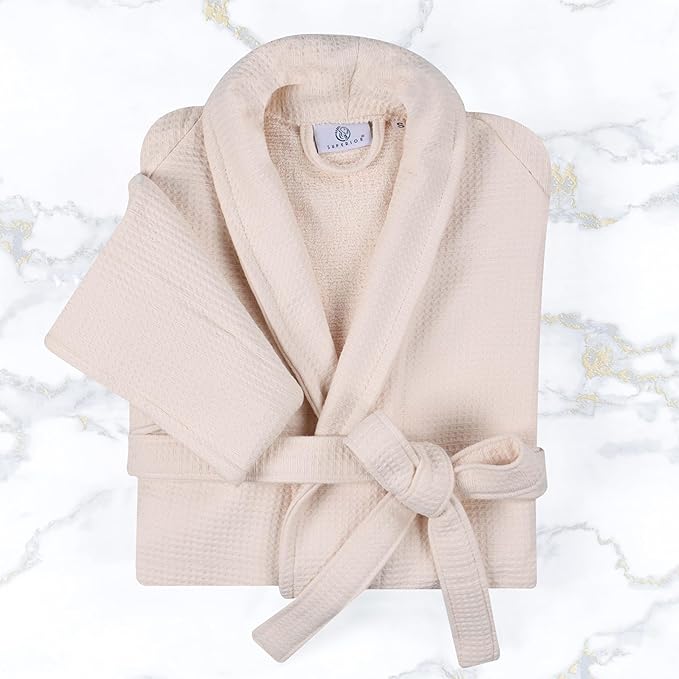 Superior Waffle Weave Cotton Unisex Bathrobe with Belt, Soft and Absorbent Robe for Men and Women Bath Essentials Robes
