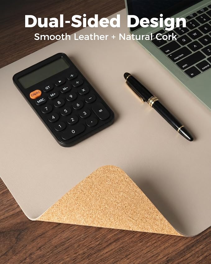 Aothia Dual-Sided Desk Mat, FSC Cork & PU Leather Desk Pad, Large Mouse Pad & Writing Surface for Extended Desk Setup, Non-Slip Waterproof Desk Protector - 47" x 17", Cream