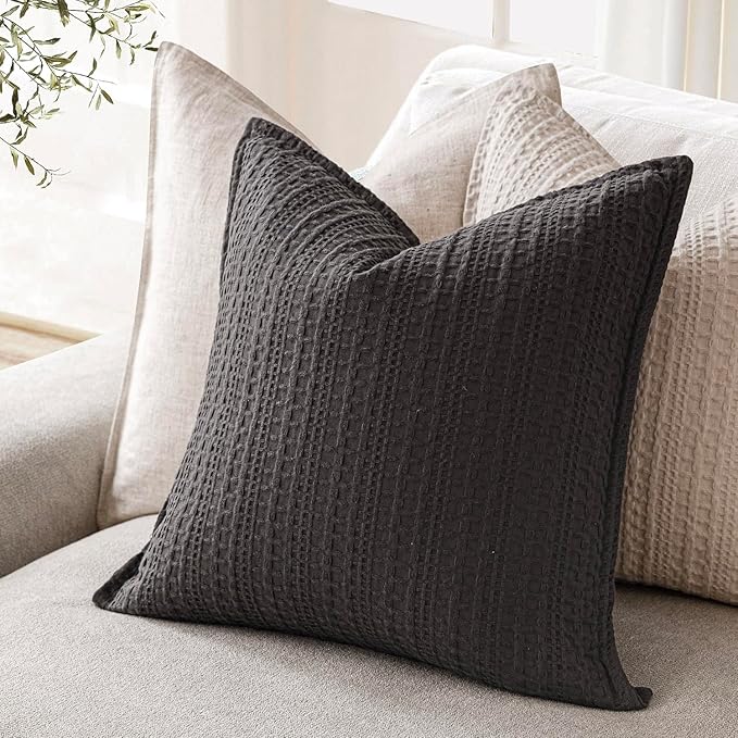 Foindtower Set of 2 Decorative Cotton Waffle Weave Throw Pillow Covers Euro Shams Cushion Covers Accent European Pillowcase for Bed Couch Sofa Bedroom Living Room Home Decor 26×26 Inch Dark Grey