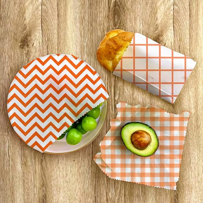 Reusable Beeswax Wraps, 9 Pack Eco-Friendly Food Storage, Organic, Sustainable, Zero Waste, Plastic-Free, Sandwich, Snack, Bowl Cover, 1XL, 3M, 5S, Orange Chevron Grid Gingham Patterns