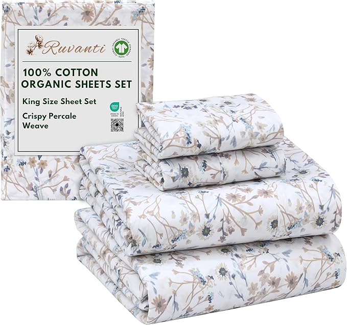 RUVANTI 100% Cotton Organic Percale Sheets King Size – Crisp Cooling Bed Sheets for Hot Sleepers, Deep Pocket 15”, Soft Peach Finish, Breathable & Durable Hotel-Style 4 Pcs, Tranquil