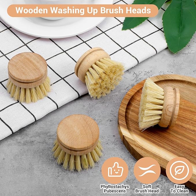 10pcs Natural Wooden Dish Brush Replacement Heads with Sisal Bristles – Eco-Friendly Kitchen Scrubber Refills for Pots, Pans, Utensils – Safe Scratch-Free Cleaning Brush Heads (1.89x1.57in)