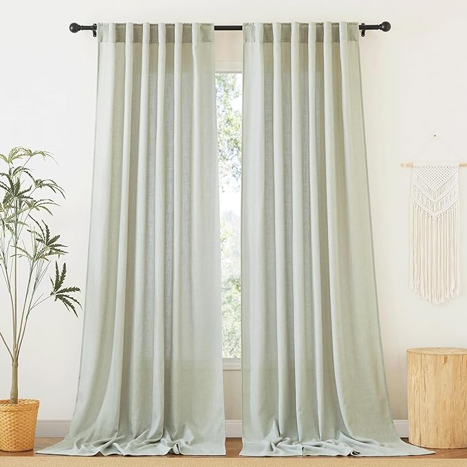 RYB HOME Extra Long Linen Curtains for Living Room, Light Filtering Privacy Protection Vertical 120 inches Long for Bedroom Dining Room, W 52 x L 120 inches, Sage Green, 2 Panels
