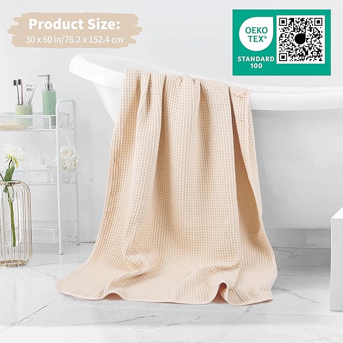 MICROFI New Microfiber Waffle Bath Towels, 2 Pieces, Oversized, Soft, Absorbent, Fast Drying, Lint Free 430 GSM (Champagne)