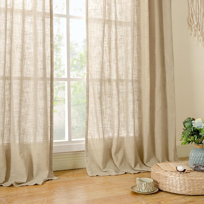 LAMIT Linen Curtains 60 Inch Length 2 Panels, Light Filtering Panels Back Tab and Rod Pocket Neutral Drapes for Bedroom/Window/Living Room, Brown, 34 x 60 Inch