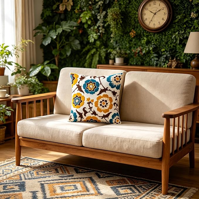 Embroidered Throw Pillow Cover 18x18 Inch,Cotton Canvas Floral Pillow Case, Daisy Wildflower Leaf Boho Farmhouse Decorative Cushion Square for Sofa Bedroom Living Room Outdoor Couch Farmhouse (A002)