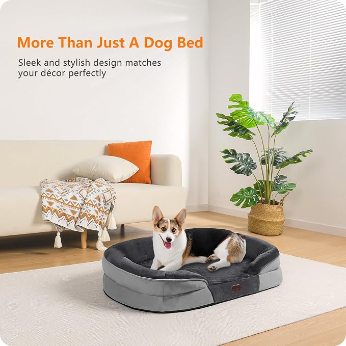 Dwanton Orthopedic Dog Bed for Medium Dogs with Gel Memory Foam, Waterproof Dog Sofa, Washable Pet Bed with Four Sided Bolster Cushion, Removable Cover & Non-Slip Bottom, 36", Dark Grey