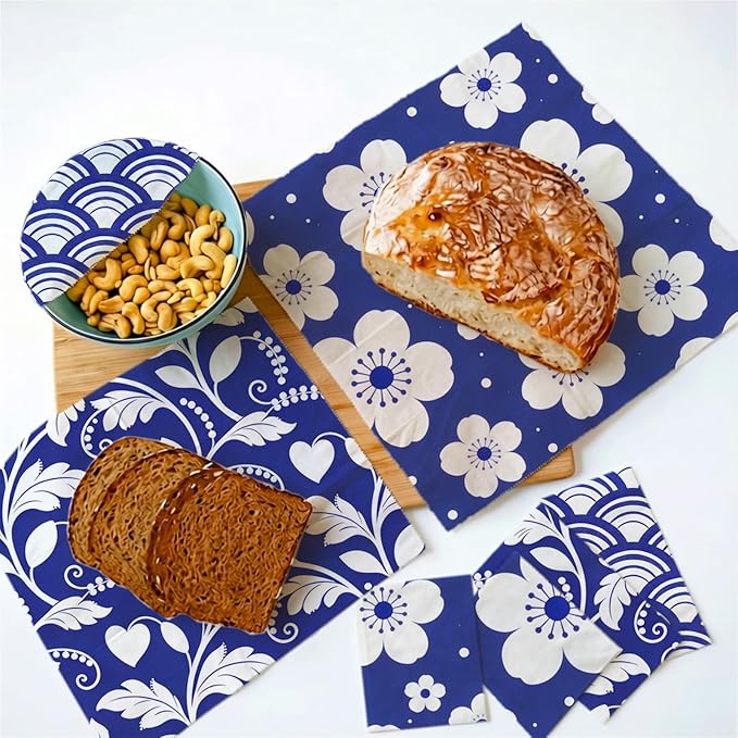 Reusable Beeswax Wraps, 9 Pack Sandwich Bowl Bread Food Storage, Organic Sustainable Zero Waste Plastic-Free, 1XL, 3M, 5S, Indigo Blue Floral Wave and Leaf Patterns