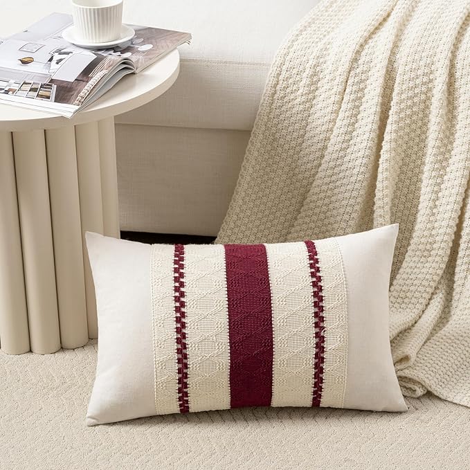 Fancy Homi Set of 2 Burgundy Boho Long Lumbar Decorative Throw Pillow Cover 12x24 Inch for Couch Bed Sofa, Aesthetic Modern Farmhouse Christmas Room Decor, Soft Cotton Cute Wind Red Cushion Case