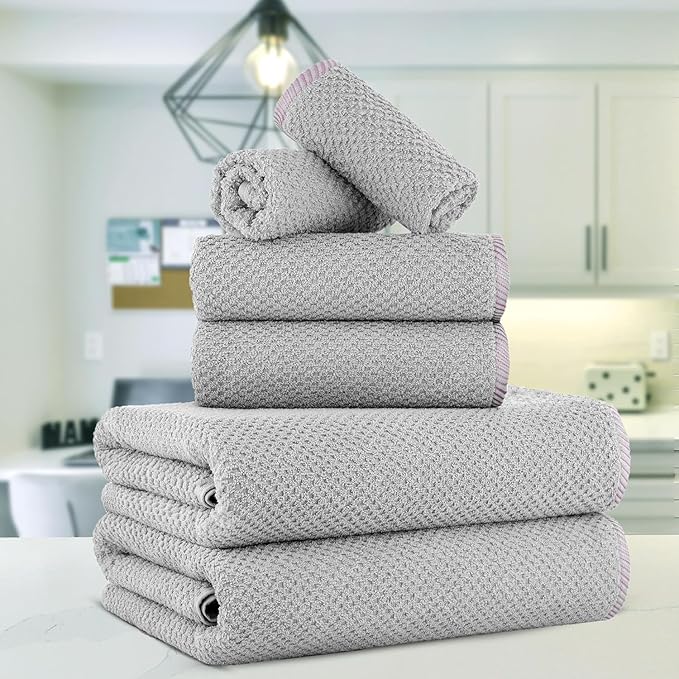 CASA COPENHAGEN Popcorn 6Pcs 100% Egyptian Cotton Large Designer Towels Gift Set- Grey Violet, 600GSM, 2Bath 2Hand 2Washcloths, Bath Towels for Bathroom Set for Women & Men