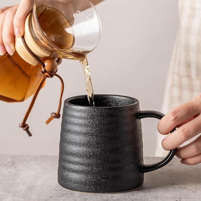 15.5 Oz Large Textured Matte Black Glaze Ceramic Mug, Heavy Weighted Stoneware Coffee Cup, Wide Base, Thick Wall Big Tea Cup with Custom Package Box, Microwave & Dishwasher Safe (Black)