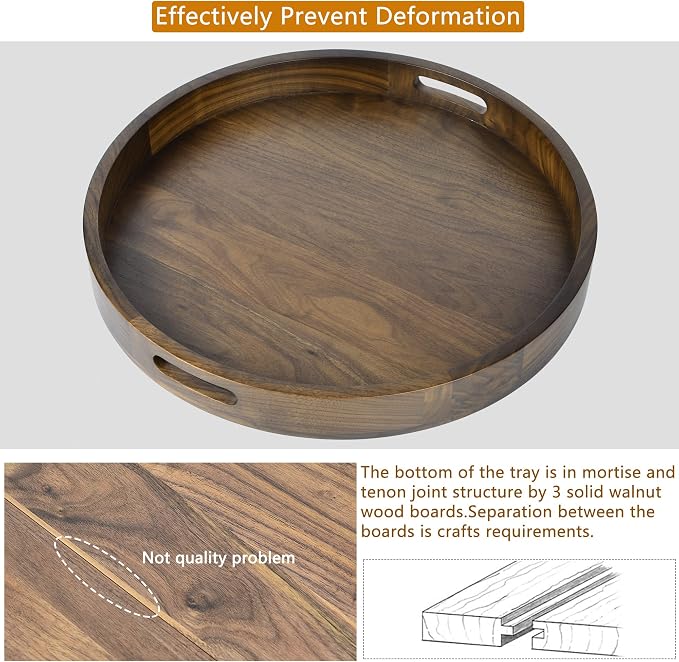 24 x 24 Inches Black Walnut Large Round Ottoman Tray, Solid Wooden Circle Platter Decorative Table Serving Tray with Handles for Oversized Ottoman Home Breakfast in Bed Tea Coffee