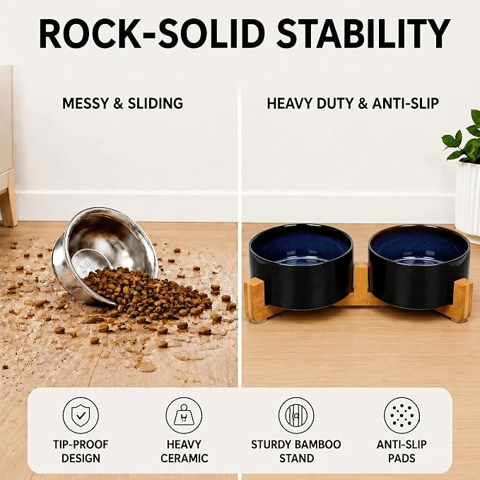 SPUNKYJUNKY Ceramic Dog and Cat Bowl Set with Wooden Stand, Modern Cute Weighted Food Water Set for Small Size Dogs (13.5OZ) & Medium Sized Dogs (28.7OZ) & Cats (3.6 Cups, 2 × Starry Blue)