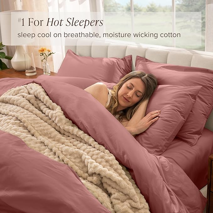 Bare Home 100% Organic Cotton Extra Long Duvet Cover Set - Crisp Percale Weave - Lightweight & Breathable - Cooling Duvet Cover Set (Twin/Twin XL, Dusty Rose)