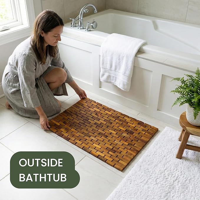 Teak Bath Mat & Shower Mat (24" x 16.5") | Wooden Flooring for Bathtub & Bathroom | Foldable & Non Slip Wood Bathmat