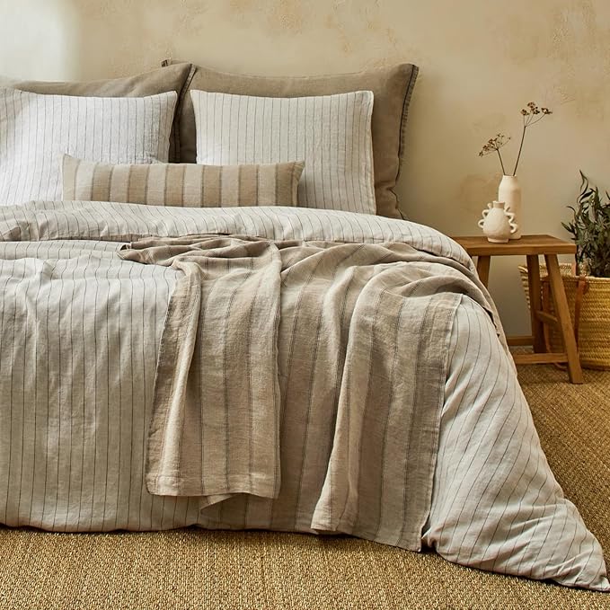 mixinni 3 Piece Striped Duvet Cover Set, Neutral Washed Cotton Linen Blend Bedding, Vintage Stripe Comforter Cover with 2 Pillowcases, Soft Breathable Farmhouse Bed Set for All Season-Queen Size