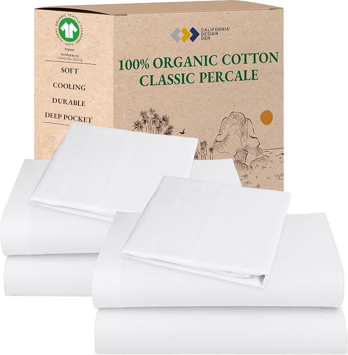 California Design Den Pack of 2 Twin XL Sheet Sets - 100% Organic Cotton, Crisp and Breathable Percale Twin XL Bed Sheets, Deep Pockets, Lightweight Bedding Set - White