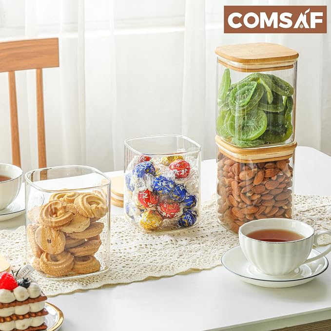 ComSaf Airtight Glass Storage Canister with Wood Lid (37oz) - 27 oz Glass Food Storage Jars Set of 6