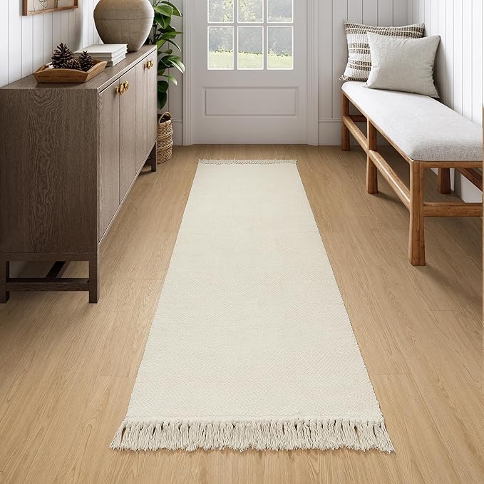 Collive Long Hallway Runner Rug 2.6' x 7', Washable Runners Indoor Entryway Rug, White/Beige Braided Woven Kitchen Carpet Low Profile Front Door Mats for Laundry Room Bedroom Doorway