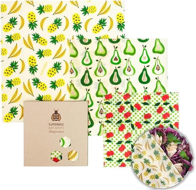 SUPERBEE Beeswax Wrap for Food, Set of 3 Bees Wax Wraps, Reusable Bees Paper for Wrapping Vegetables, Cheese, Bowl Covers and Sandwich Wrapping Paper, Beeswax Food Wraps (Fruit Punch)