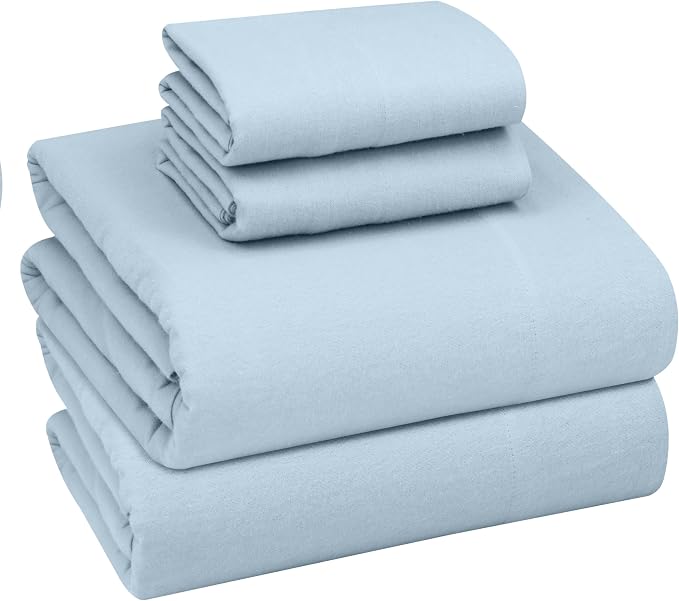 RUVANTI Flannel Sheets Queen Size - GOTS Certified 100% Organic Cotton, 4 Piece Warm, Soft & Breathable Set, Deep Pocket Snug Fit, Double Brushed Cozy All Season Bedding, Baby Blue