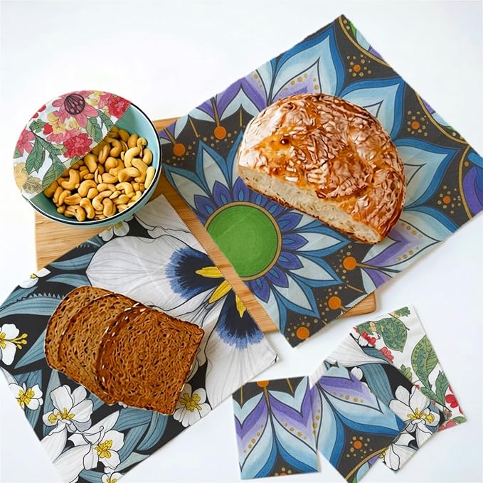 Reusable Beeswax Wrap, 9 Pack Eco-Friendly Beeswax Wraps For Food, Organic, Sustainable, Biodegradable, Zero Waste, Plastic-Free Storage, 1XL, 3M, 5S (Floral, Butterfly & Mandala)