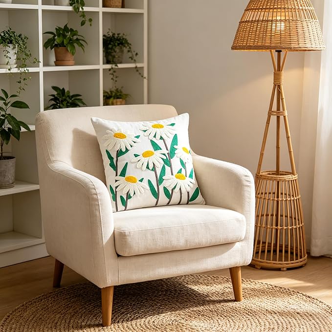 Embroidered Throw Pillow Cover 18x18 Inch,Cotton Canvas Floral Pillow Case, Daisy Wildflower Leaf Boho Farmhouse Decorative Cushion Square for Sofa Bedroom Living Room Outdoor Couch Farmhouse (A009)