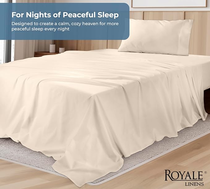 ROYALE LINENS 100% Organic Cotton Twin XL Sheet Set - Percale Weave - 3 Pieces Set - 1 Flat, 1 Deep Pocket Fitted Sheet and 1 Pillowcases - Cream Bed Sheets - Sábanas Twin XL - Crisp Cool (Cream)
