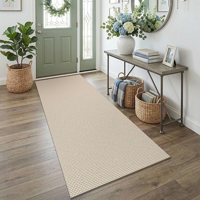 EARTHALL Woven Runner Rug 3x7 Ft Washable Runners for Hallways Wide Non Slip Rubber Backed Kitchen Runner Braided Indoor Floor Carpet for Entryway, Hallway, Kitchen, Bedroom, Beige/Ivory
