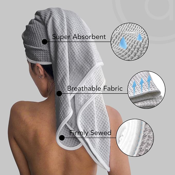 Microfiber Hair Wrap for Women - Extra Large 45 x 25 Quick-Dry Towel, Anti-Frizz, Breathable, Waffle Knit, Elastic Loop for Wet, Curly & Straight Styles - Grey - Microfiber Hair Towel