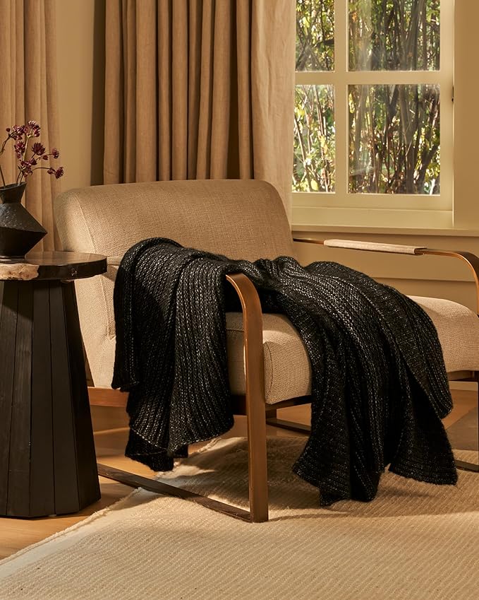 UnHide Melange Knit Blanket - 60" x 80" Textured & Ultra-Soft Wool Throw - Timeless & Breathable Knitted Blanket for Bedroom & Living Room - Night Owl