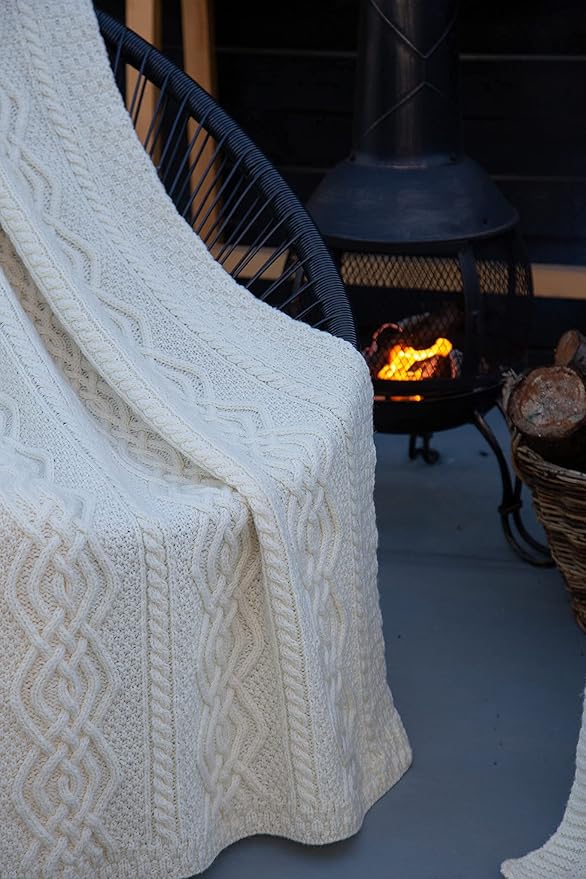 SAOL Luxurios Dara 100% Merino Wool Cable Knit Aran Bed & Couch Sofa Throw/Blanket (Natural) by 69 x 44 inches